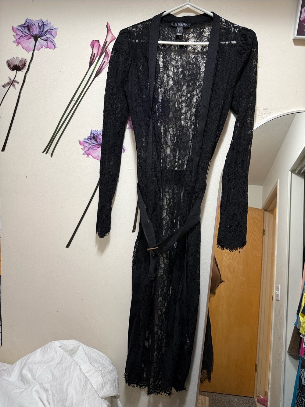 Revamped Black Long Lace Robe with Belt